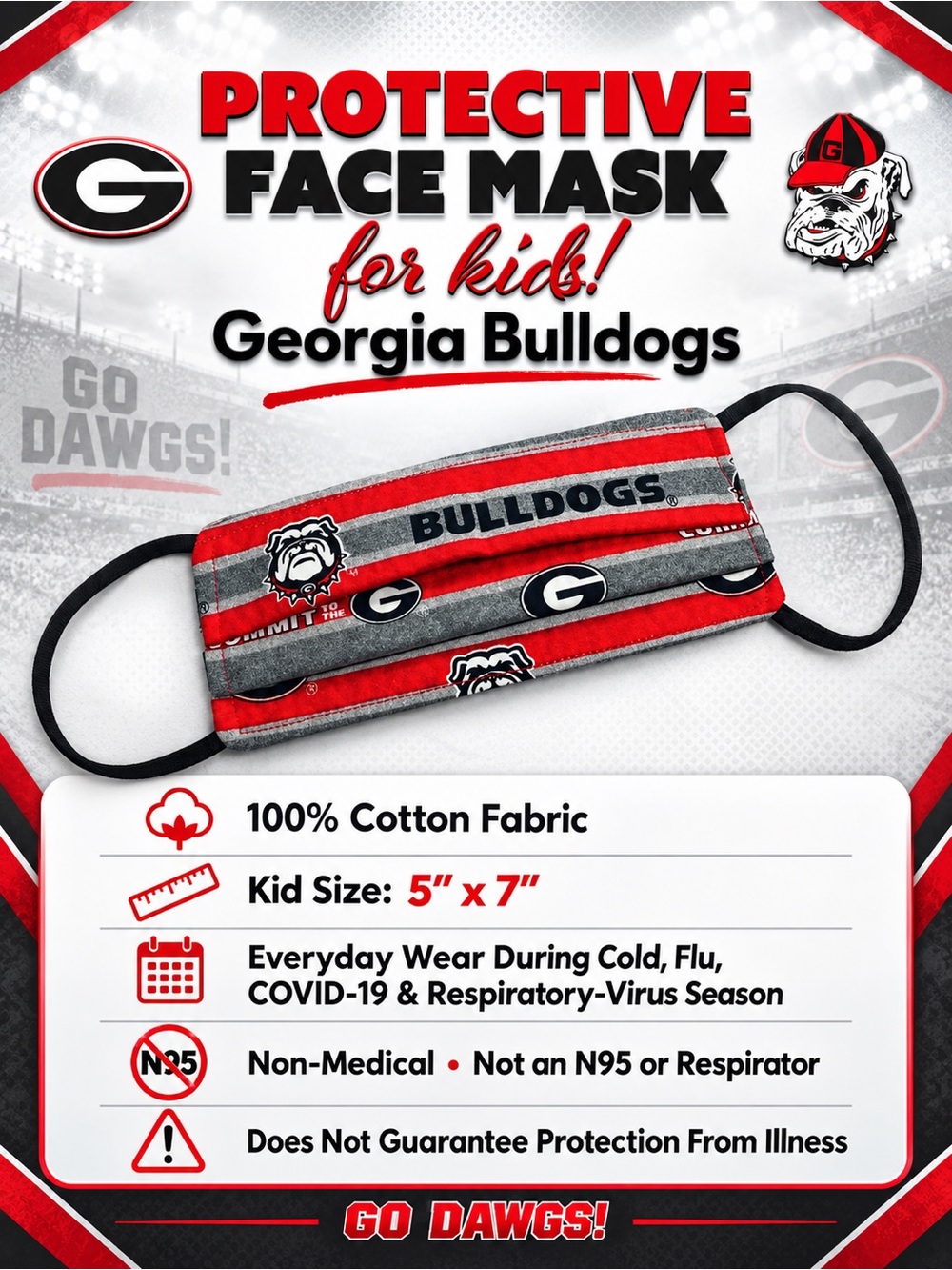 Georgia Bulldogs Protective Kids Face Mask UGA DAWGS NEW